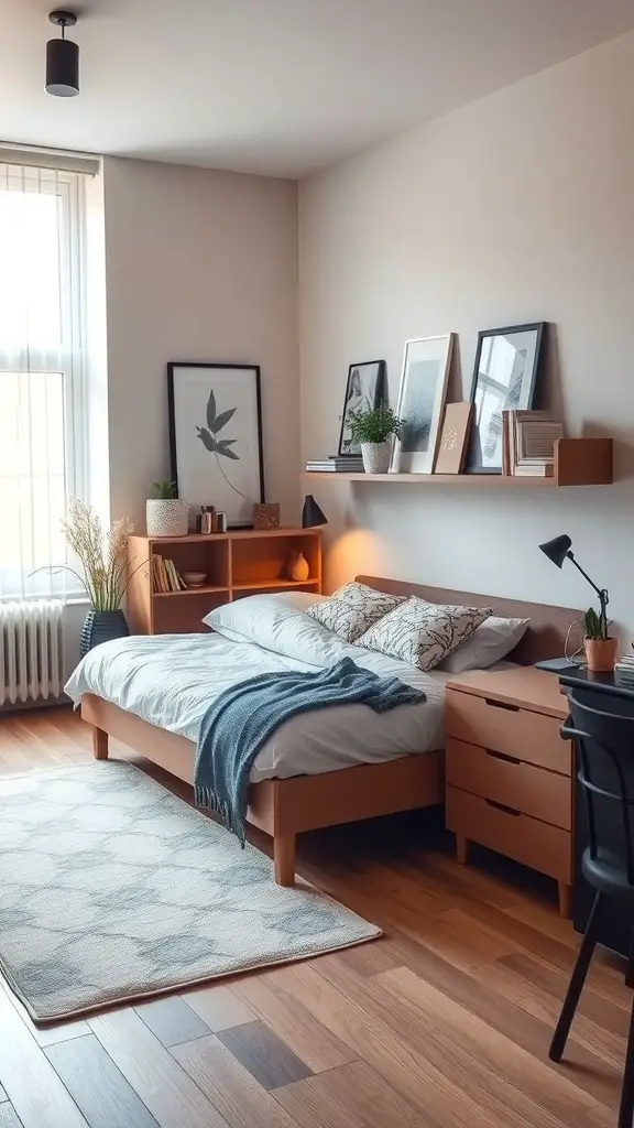 25+ Inspired Floor Bed Ideas for a Cozy Bedroom Makeover 4 Cozy room featuring a space-saving floor bed with wooden elements and minimal decor.
