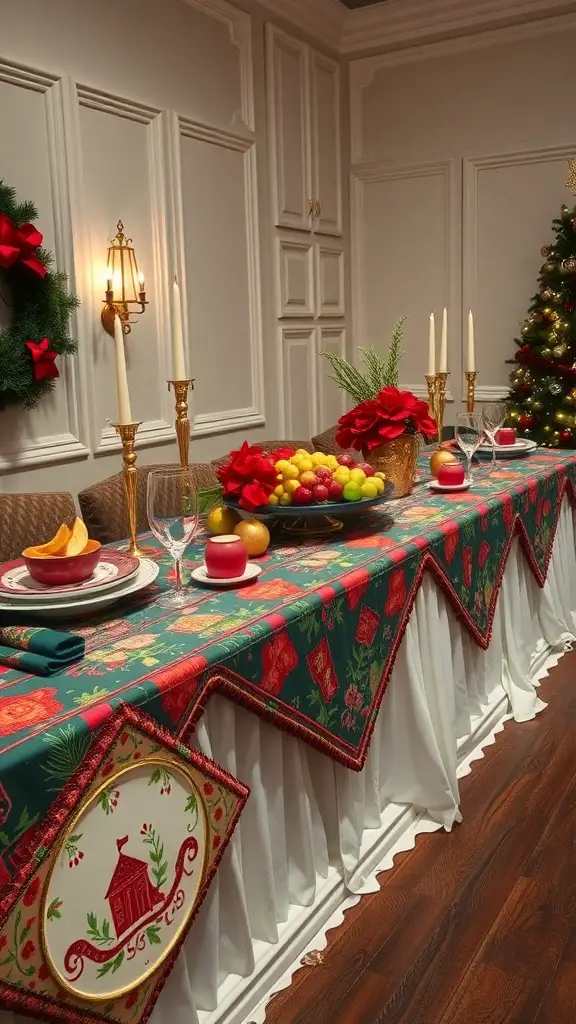 27+ Stunning Christmas Buffet Table Decor Ideas 8 A festive Christmas buffet table with a colorful holiday-patterned tablecloth, white skirt, plates, candles, and a centerpiece of fruits and flowers.
