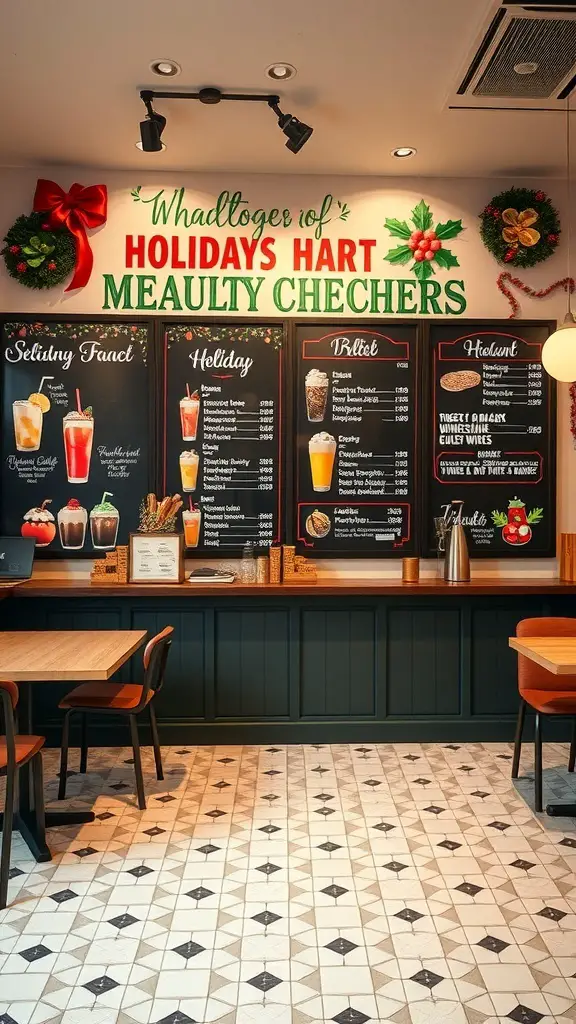 25+ Festive Cafe Christmas Decoration Ideas 14 A festive cafe menu board decorated for the holidays, featuring seasonal drinks and dishes.