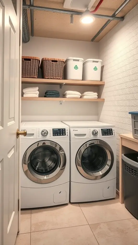 A functional laundry room featuring front-loading washing machines, open shelves with towels and storage bins, and woven baskets.