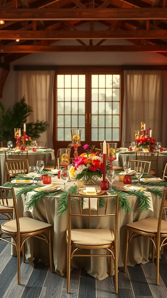 27+ Stunning Christmas Table Settings for Round Tables 5 A beautifully set round table with floral centerpieces, candles, and greenery for a festive occasion.