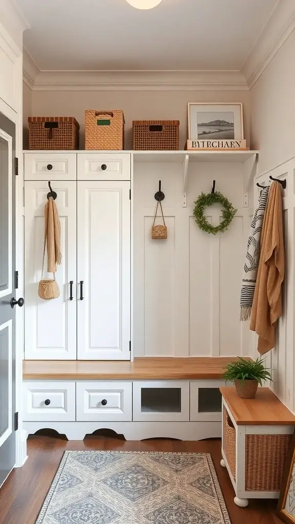 A stylish mudroom with white lockers, wooden bench, decorative baskets, and a cozy rug.