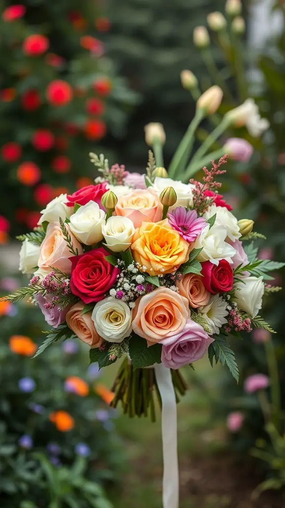 27+ Enchanting for a Garden Wedding Ideas Celebration 9 A colorful bridal bouquet featuring roses and seasonal blooms, perfect for a garden wedding.