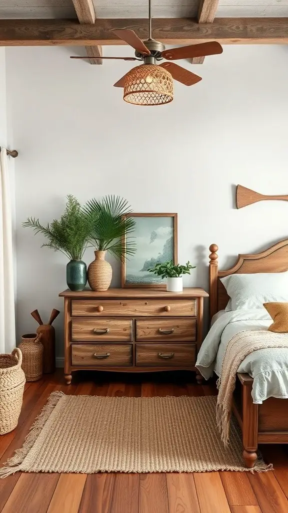 A cozy boho coastal bedroom featuring vintage furniture accents, including a wooden dresser, bed frame, and woven decor.