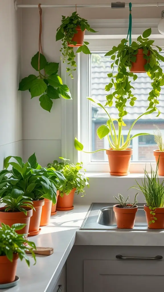 A bright kitchen with various green plants in terracotta pots near a window.