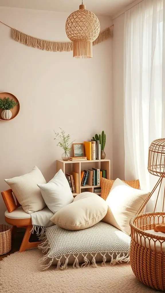 29+ Boho Nursery Decor Ideas for a Cozy and Stylish Space 13 A cozy reading nook with cushions, a bookshelf, and natural light.