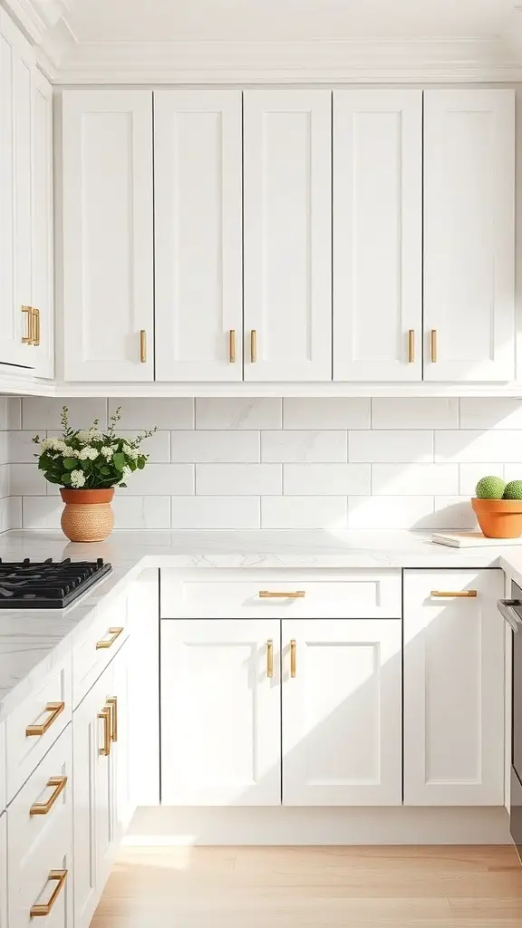 25+ Gorgeous Kitchen Cabinet Colors to Transform Your Space 4 A bright kitchen featuring white cabinets with gold hardware and plants.