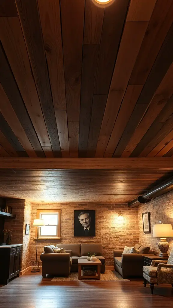 A cozy basement with a wood plank ceiling, showcasing a warm and inviting atmosphere.