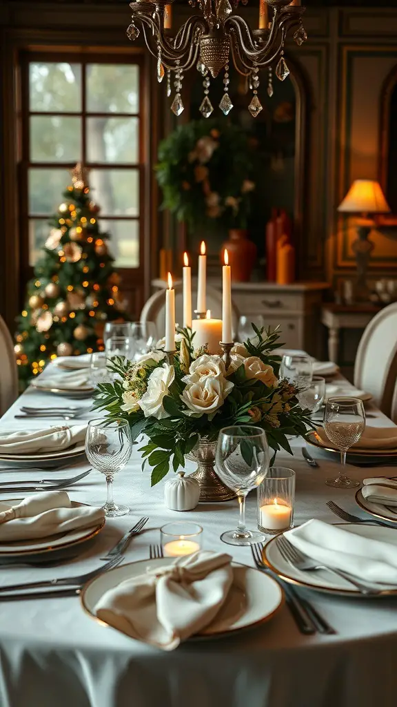 Elegant dining table with white roses centerpiece and candles