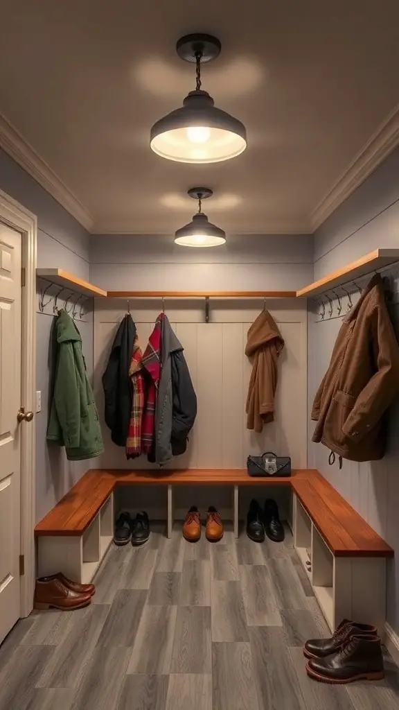 25+ Stylish Mudroom Lighting Ideas to Illuminate Your Space 7 A well-lit mudroom featuring two overhead fixtures, with hooks for coats and benches for shoes.