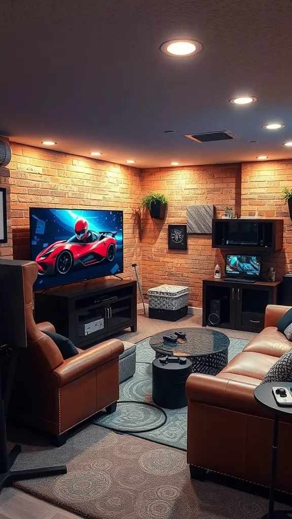Cozy gaming corner with a large TV, leather chairs, and warm lighting