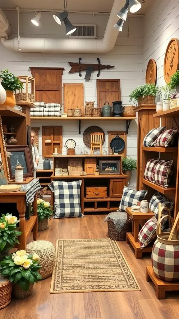 25+ Festive Christmas Store Displays to Inspire Your Retail Space 9 A rustic farmhouse Christmas display featuring wooden shelves, plaid cushions, and decorative items.
