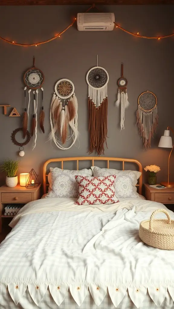 A cozy boho witchy bedroom featuring dreamcatchers on the wall, a bed with colorful pillows, and warm lighting.