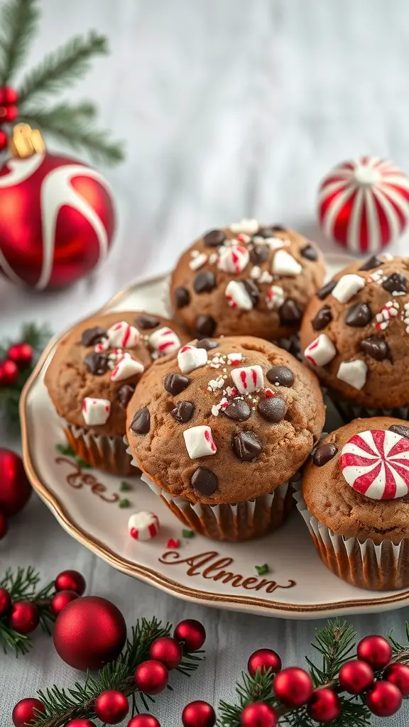 A plate of chocolate chip muffins topped with peppermint pieces, surrounded by Christmas decorations.