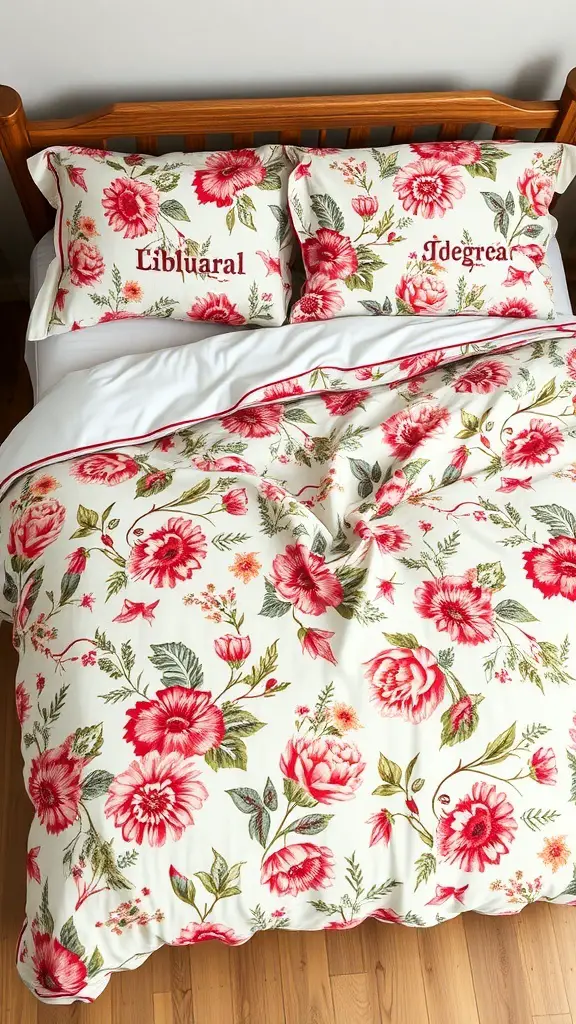 27+ Boho Bedding Ideas to Transform Your Bedroom Style 3 Vintage-inspired floral bedding with red flowers and green leaves on a white background.