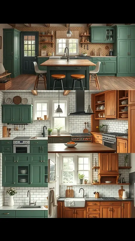 27+ Stunning Green Rustic Kitchen Cabinets for a Charming Makeover 13 A collage of rustic kitchen designs featuring green cabinets and warm wood accents.