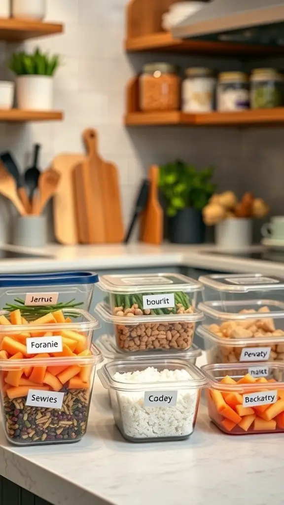 A variety of labeled containers filled with colorful meal prep ingredients on a kitchen counter.