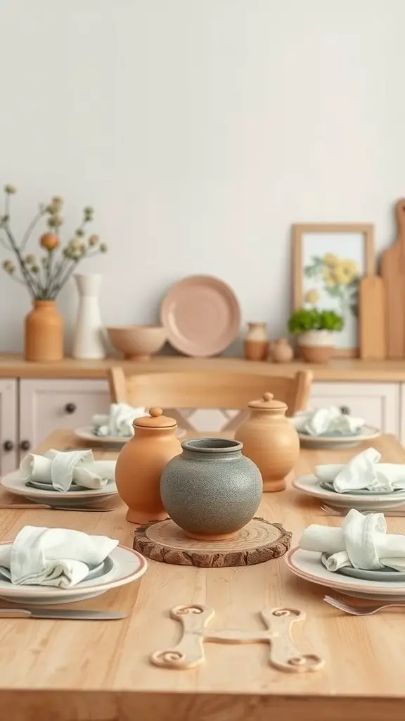 25+ Stunning Kitchen Table Decor Ideas to Elevate Your Space 13 A kitchen table set with handcrafted clay pots, wooden accents, and neatly arranged plates and napkins.