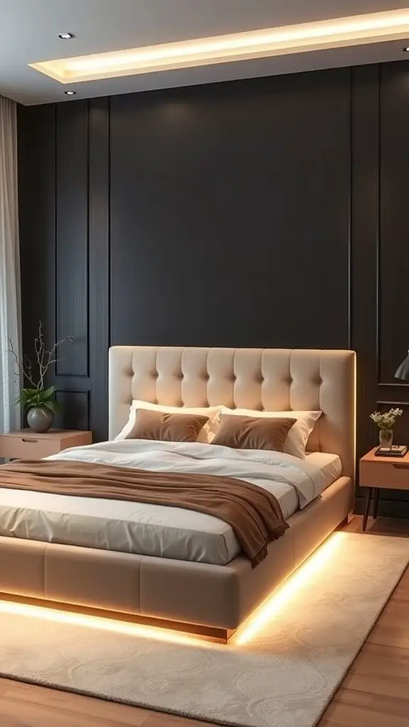 29+ Stunning Upholstered Beds for a Cozy Bedroom Makeover 15 A stylish upholstered bed with integrated lighting, featuring a soft beige headboard and warm lighting along the base.