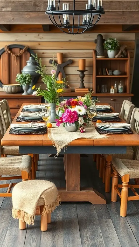 25+ Stunning Thanksgiving Table Settings to Elevate Your Holiday Feast 8 A rustic farmhouse Thanksgiving table setting with flowers, wooden table, and warm lighting.
