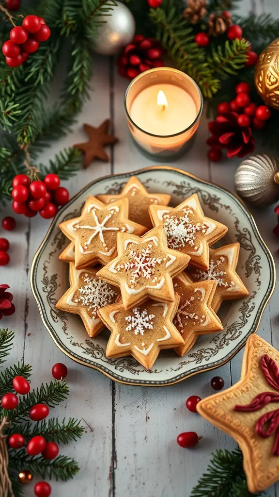 25+ Stunning Christmas Food Table Displays for Your Holiday Feast 14 A plate of star-shaped holiday spice cookies surrounded by festive decorations.