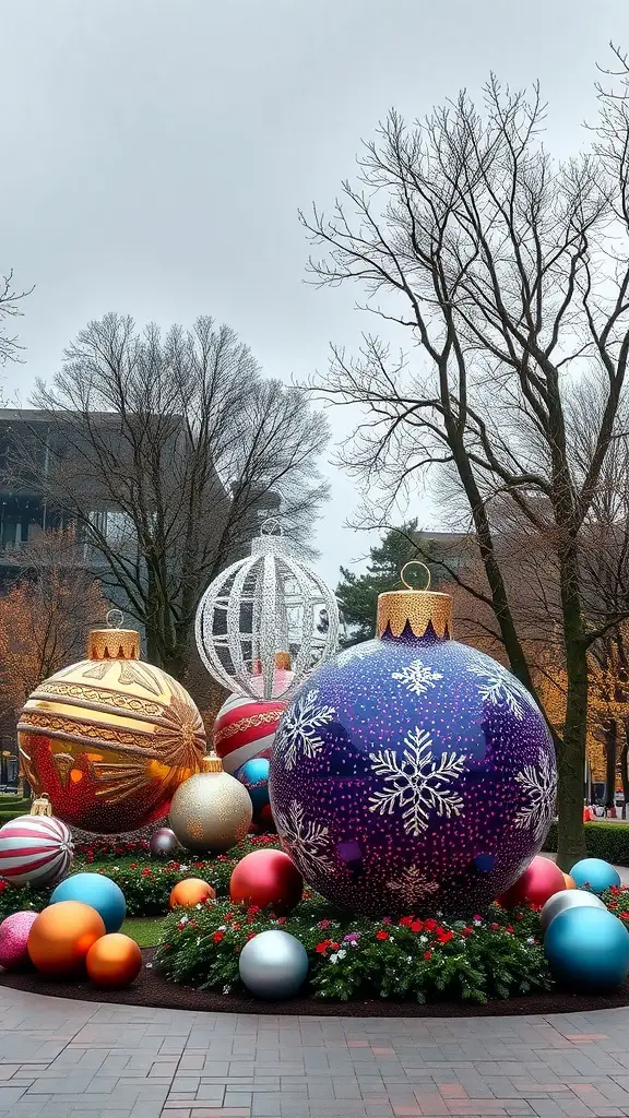 Giant Christmas ornaments in a park surrounded by trees
