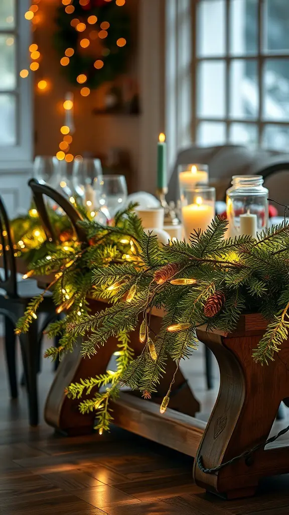 29+ Rustic Christmas Table Décor Ideas for a Cozy Holiday Celebration 8 A rustic Christmas table decorated with fairy lights, evergreen branches, and candles.