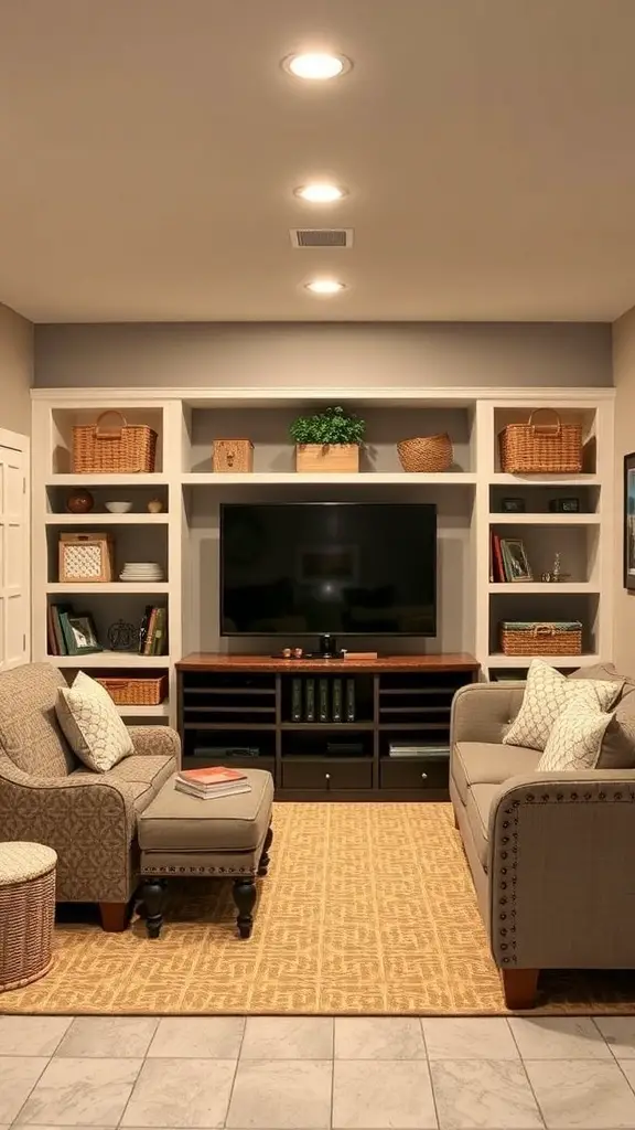Cozy basement family room with storage solutions