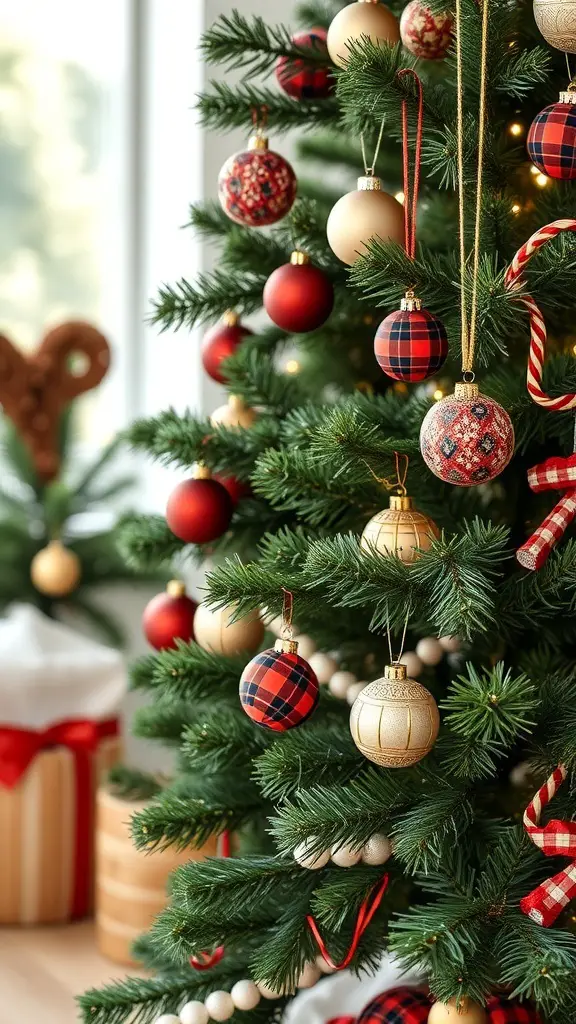 25+ Festive Tartan Plaid Christmas Tree Ornaments and Decorations 15 A beautifully decorated Christmas tree with tartan plaid ornaments and red and gold decorations.