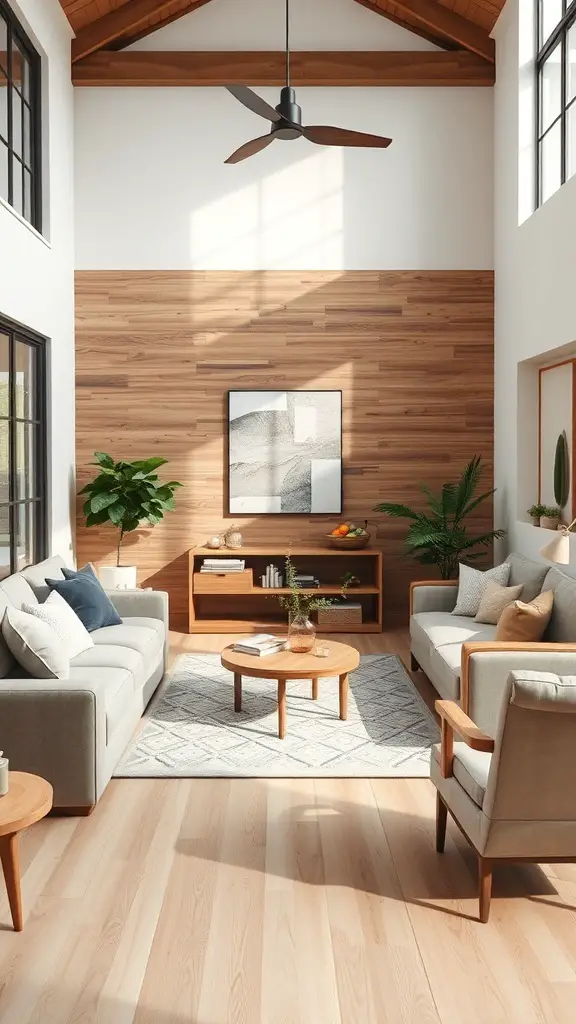 27+ Earthy Living Room Ideas with 15 Must-Have Items 13 A bright and airy earthy living room with wooden accents, plants, and comfortable furniture.