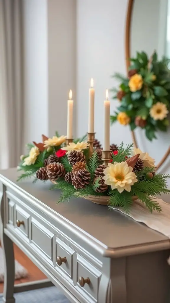 29+ Stunning Christmas Console Table Decor Ideas 5 A festive centerpiece arrangement featuring candles, pinecones, and flowers on a console table.
