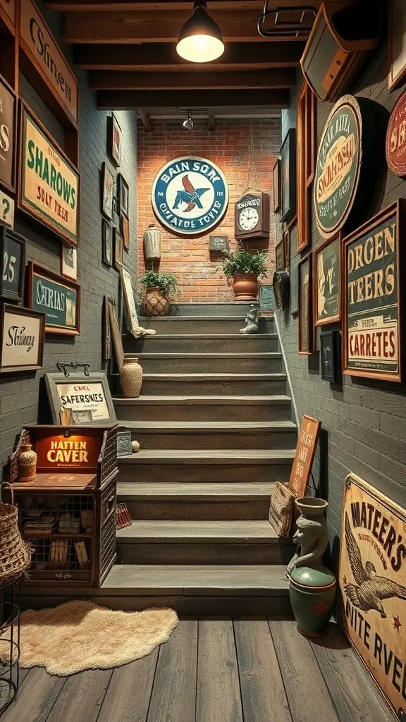 A staircase adorned with vintage signs and decor, creating a warm and inviting atmosphere.