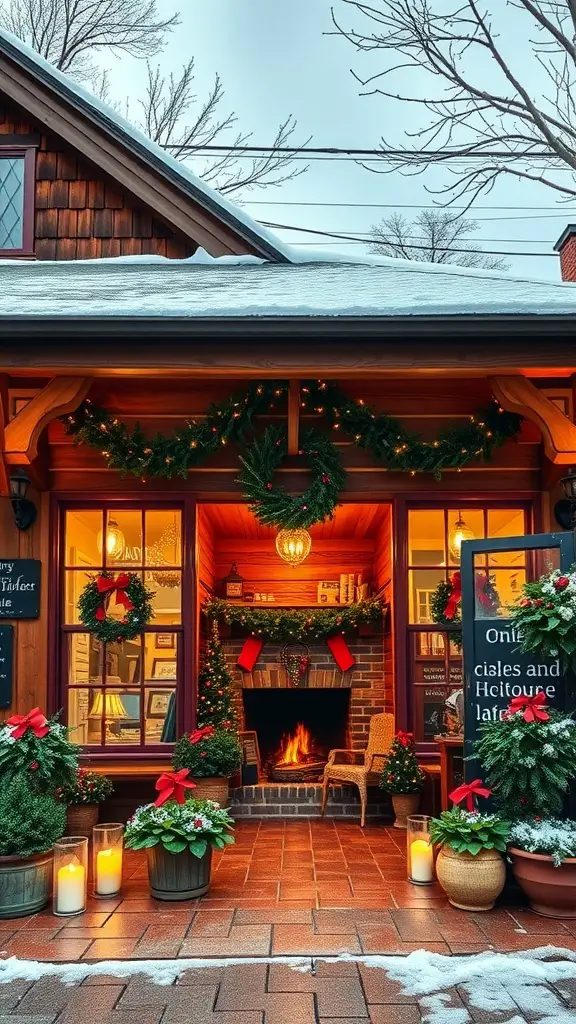 31+ Stunning Storefront Christmas Displays to Get You in the Holiday Spirit 15 A cozy cabin storefront decorated for Christmas with wreaths, candles, and a visible fireplace.