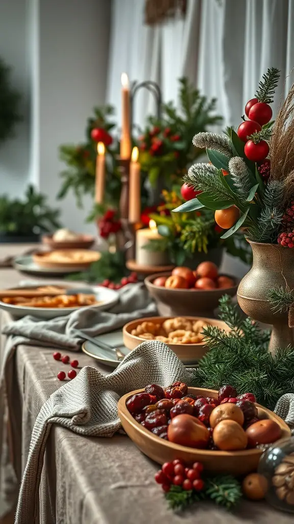27+ Stunning Christmas Buffet Table Decor Ideas 15 A beautifully decorated Christmas buffet table featuring layered textures with fabrics and natural elements.