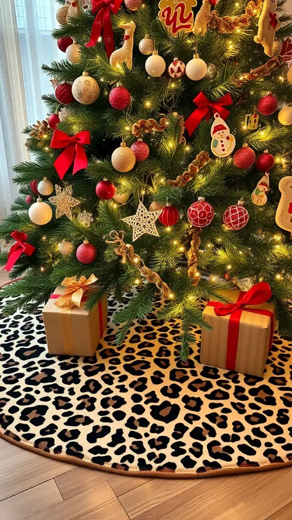 29+ Stunning Leopard Christmas Decor Ideas to Elevate Your Holiday Style 7 A Christmas tree with a leopard print tree skirt and colorful ornaments.