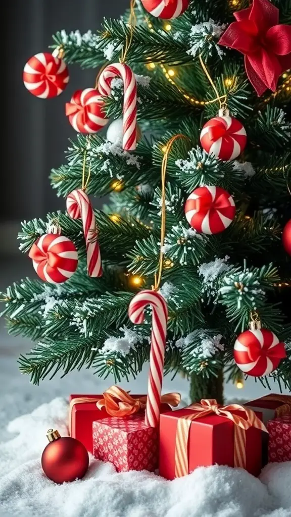 A Christmas tree decorated with candy canes and red ornaments, surrounded by presents on snow.