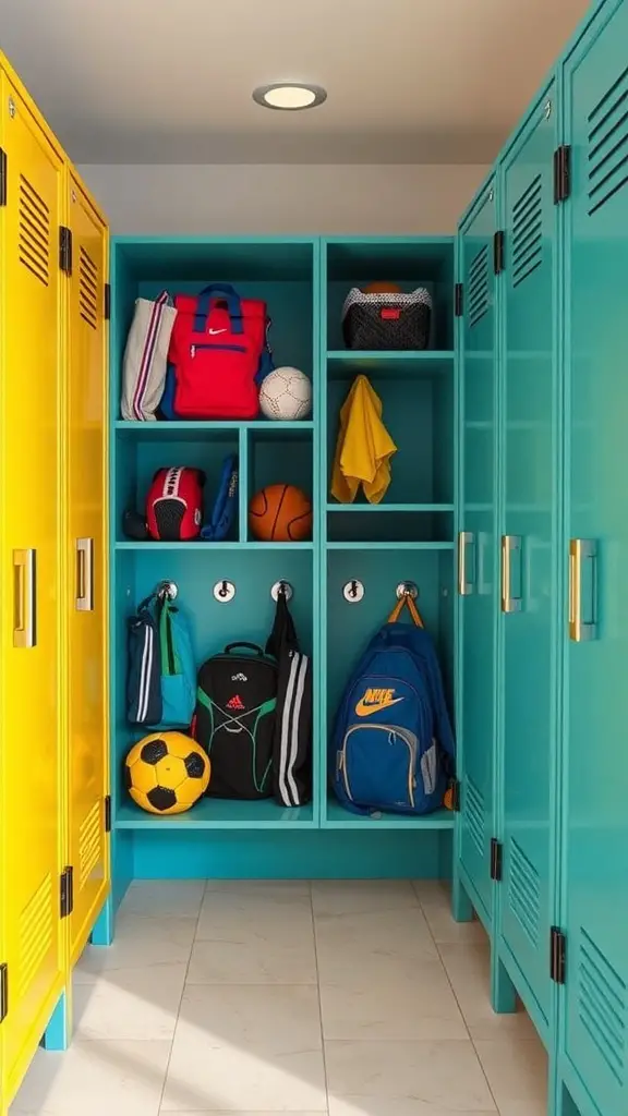 29+ Creative Mudroom Storage Ideas for a Clutter-Free Entrance 5 Colorful mudroom lockers for kids with sports equipment and bags