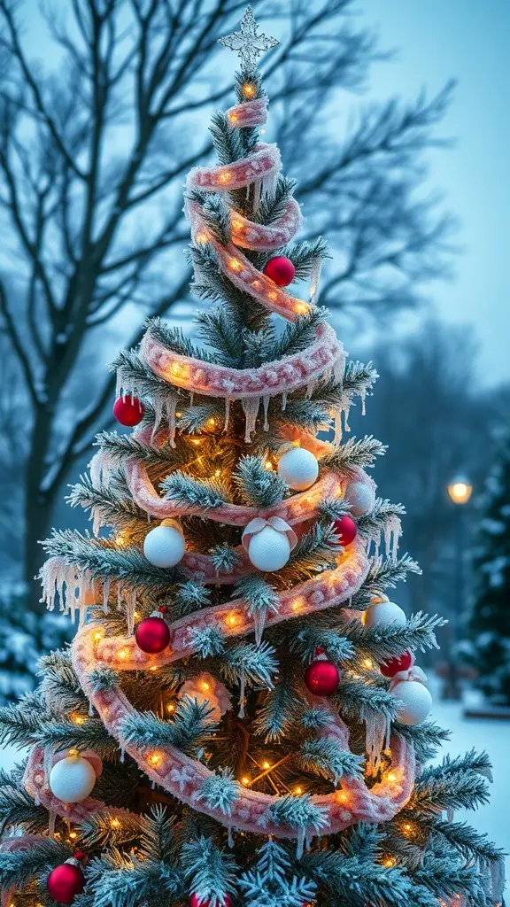 25+ Stunning Icicle Christmas Tree Ideas to Transform Your Holiday Decor 12 A beautifully decorated icicle Christmas tree with lights and ornaments in a snowy setting.