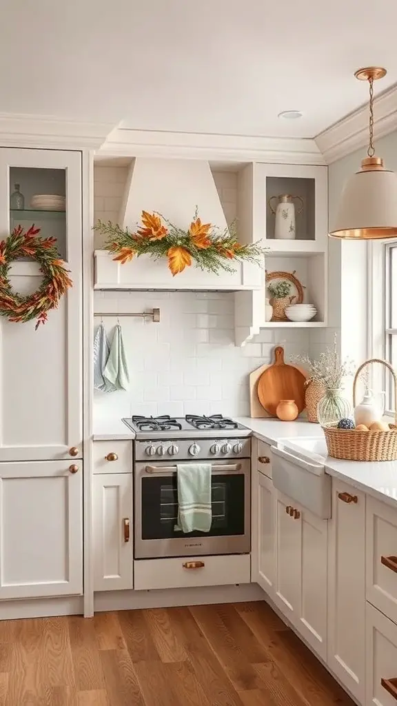 A beautifully decorated off white kitchen with seasonal decor including a wreath and autumn leaves.