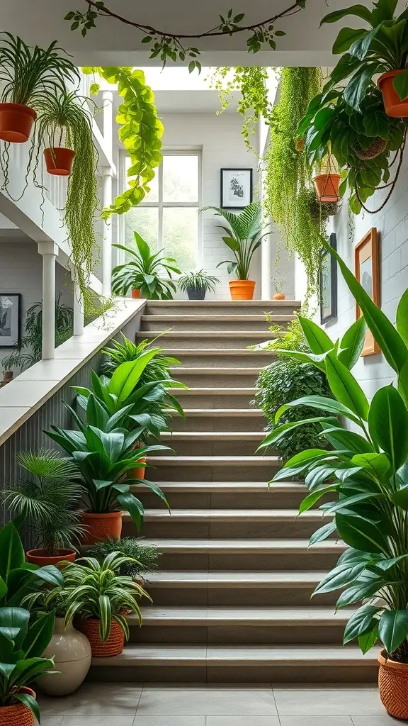 Indoor plants decorating a basement stairway with greenery and colorful pots