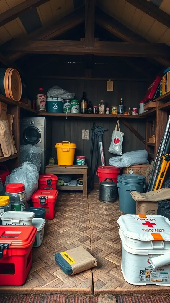 27+ Stunning Off-Grid Cabin Ideas for Your Dream Retreat 16 A storage area in an off-grid cabin filled with various supplies and containers.