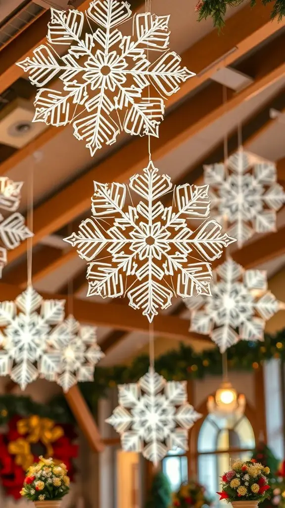 Giant white snowflakes hanging from the ceiling in a festive setting