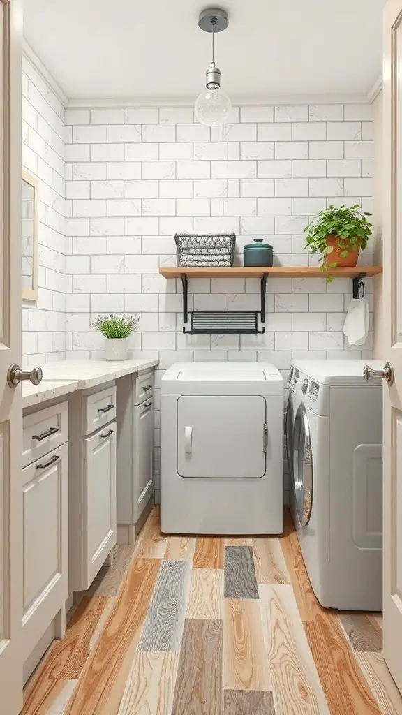 27+ Creative Mini Laundry Room Ideas to Maximize Your Space 11 A small laundry room featuring a mix of wood flooring, white cabinets, and modern appliances.