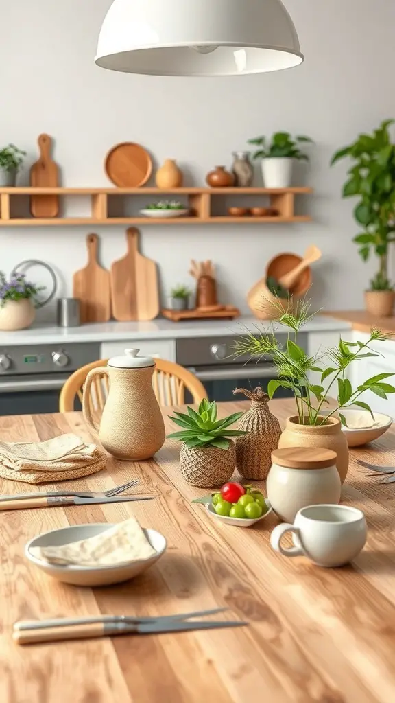 25+ Stunning Kitchen Table Decor Ideas to Elevate Your Space 9 A kitchen table decorated with natural materials, including wooden utensils, potted plants, and simple textiles.