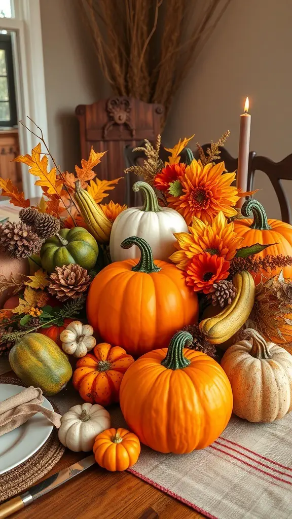 25+ Stunning Thanksgiving Table Settings to Elevate Your Holiday Feast 5 A harvest-themed centerpiece featuring pumpkins, sunflowers, and pinecones.