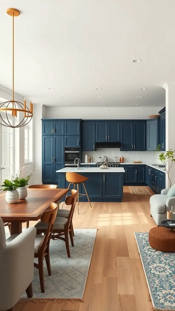 27+ Stunning Dark Blue Kitchen Cabinet Ideas for a Stylish Upgrade 9 A modern kitchen featuring dark blue cabinets, wooden dining table, and open concept design.