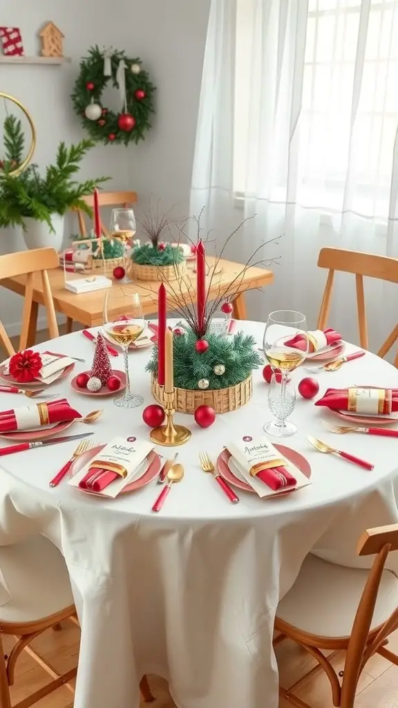27+ Stunning Christmas Table Settings for Round Tables 12 A round Christmas table setting with red and gold decor, featuring a centerpiece of greenery and candles.
