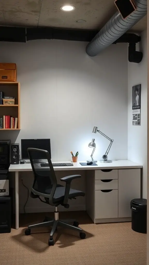 A small basement home office with a desk, chair, computer, and shelves.