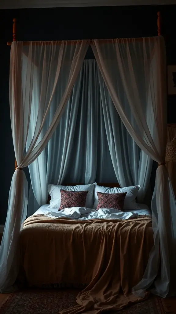 31+ Dark Boho Bedroom Ideas 9 A cozy canopy bed with soft drapes and warm bedding, creating a dreamy atmosphere.