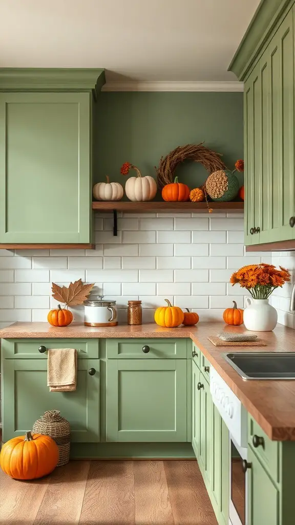 25+ Beautiful Sage Green Farmhouse Kitchen Cabinet Ideas 12 A sage green kitchen decorated for fall with pumpkins, a wreath, and warm flowers.
